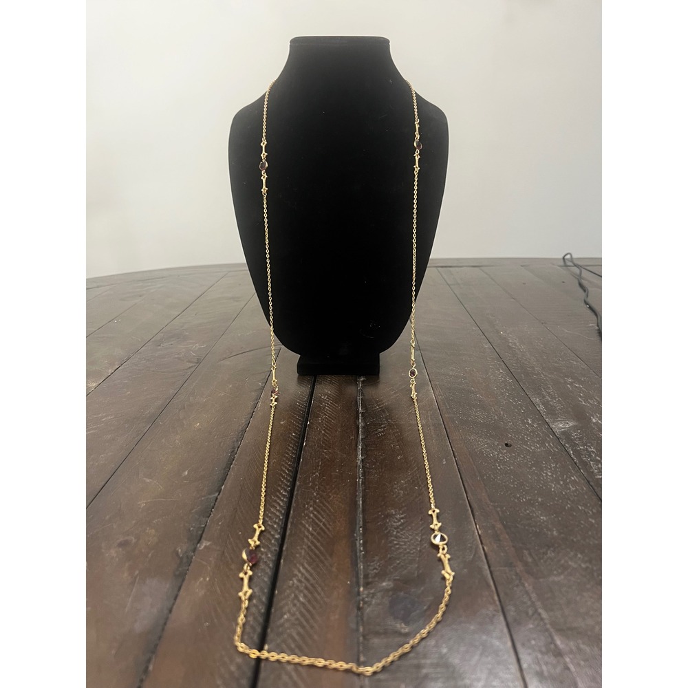 Vtg Inspired Gold Tone 52 Inch Long Purple Stone Station Necklace Art Deco Style